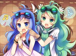  2girls ahoge alchemic_magician annoyed artist_name bangle beamed_sixteenth_notes belt black_shirt blue_eyes blue_hair blush bracelet duel_monster fingerless_gloves food gloves goggles goggles_on_head green_eyes green_hair grid_background hair_ornament jewelry long_hair multiple_girls musical_note patterned_background polka_dot polka_dot_background quarter_note ribbed_sweater shirt slacker_magician speech_bubble spoken_musical_note spoken_squiggle squiggle sweatdrop sweater two-tone_background very_long_hair yu-gi-oh! yuiki_yuu 