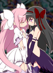  2girls akemi_homura akuma_homura bare_shoulders black_gloves black_hair bow breasts cleavage closed_eyes commentary_request elbow_gloves gloves hair_ribbon hairband hairbow kaname_madoka long_hair mahou_shoujo_madoka_magica mahou_shoujo_madoka_magica:_hangyaku_no_monogatari matsubara_ryuu multiple_girls photoshop_(medium) pink_hair purple_eyes red_hairband ribbon small_breasts smile thighhighs ultimate_madoka white_gloves yuri zettai_ryouiki 