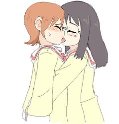  2girls aioi_yuuko black_hair blush brown_hair closed_eyes commentary_request ga016054 glasses kissing minakami_mai multiple_girls nichijou partial_commentary school_uniform tokisadame_school_uniform yuri 