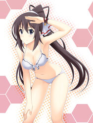  armpits bikini blush breasts brown_hair cleavage female front-tie_top hair_ribbon hyokkori_tamago infinite_stratos long_hair medium_breasts navel ponytail ribbon salute shinonono_houki solo swimsuit 