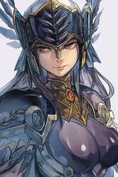  black_hair expressionless feathers female grey_background helmet hrist_valkyrie hungry_clicker long_hair looking_to_the_side red_eyes shoulder_pads solo valkyrie_profile_(series) 