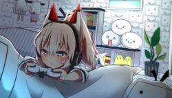  :3 :o animal_ears ayanami_(azur_lane) ayanami_(niconico)_(azur_lane) azur_lane bad_id bad_pixiv_id barefoot blush cannon closed_mouth commentary_request controller eye_reflection female flower game_controller hair_between_eyes headphones high_ponytail highres holding idaten93 indoors light_brown_hair long_hair looking_away lying manjuu_(azur_lane) niconico official_alternate_costume on_stomach parted_lips partial_commentary pillow plant playing_games ponytail potted_plant red_eyes red_flower reflection shirt shoboon solo terebi-chan turret v-shaped_eyebrows white_shirt 