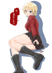  absurdres artist_name black_footwear black_skirt blonde_hair blue_eyes blush boots braid commentary_request covering_privates darjeeling_(girls_und_panzer) embarrassed female girls_und_panzer highres jacket long_sleeves looking_at_viewer looking_back lying military military_uniform miniskirt on_side parted_lips pleated_skirt red_jacket short_hair signature simple_background skirt skirt_tug solo st._gloriana&#039;s_military_uniform sweat sweatdrop takuji_yuusaku translated twin_braids uniform white_background 