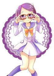  aichi_shiho bad_id bad_pixiv_id blue_sailor_collar dokidoki!_precure female glasses hair_ornament hairpin kenzaki_makoto knees_together_feet_apart looking_at_viewer oogai_daiichi_middle_school_uniform precure purple_eyes purple_hair purple_socks ribbon sailor_collar school_uniform serafuku shoes short_hair smile socks solo 