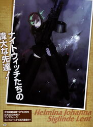  animal_ears black_panties brown_eyes brown_hair character_name dog_ears dog_girl dog_tail female flying gun helmina_lent highres hirschgeweih_antennas holding holding_gun holding_weapon jacket long_hair long_sleeves machine_gun mg42 military military_uniform neuroi night night_sky panties paperclip scan shimada_fumikane sky solo standing striker_unit tail underwear uniform weapon world_witches_series 