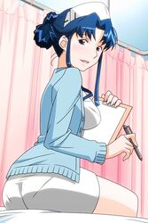  blue_eyes blue_hair clipboard female fujiwara_aya hat holding holding_pen long_hair long_sleeves looking_at_viewer non-web_source nurse_cap official_art open_mouth pantyhose pantylines pen sidelocks sitting solo super_real_mahjong tanaka_ryou updo white_pantyhose 