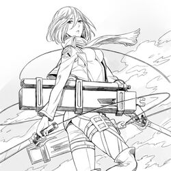  boots commentary_request dual_wielding emblem female greyscale holding jacket knee_boots line_art looking_at_viewer mikasa_ackerman monochrome paradis_military_uniform parted_lips photoshop_(medium) scarf shingeki_no_kyojin short_hair sine solo sword thigh_strap three-dimensional_maneuver_gear training_corps_(emblem) weapon 