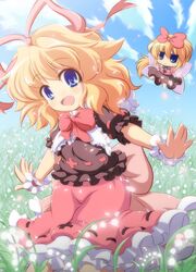  blonde_hair blue_eyes commentary_request doll dress dress_shirt female field flower flower_field hair_ribbon lily_of_the_valley medicine_melancholy nullpooo outstretched_arms red_dress ribbon shirt smile solo su-san touhou wings wrist_cuffs 