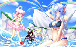  4girls ahoge angel animal_ears arm_up bikini black_hair blonde_hair blue_eyes blue_hair blush braid breasts cleavage cloud commentary_request day double_bun emil_chronicle_online fins fisheye flat_chest frilled_bikini frills front-tie_top hair_bun hair_over_shoulder hair_ribbon halo hat head_fins innertube large_breasts lintanghaseo looking_at_viewer mini_hat mini_top_hat multiple_girls navel outdoors photoshop_(medium) pink_hair rainbow ribbon rorona sitting sky swim_ring swimsuit tail top_hat water whale wings yellow_eyes 