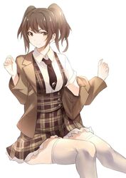  black_necktie blazer brown_eyes brown_hair female female highres looking_at_viewer necktie off_shoulder original plaid plaid_skirt ricci short_hair simple_background sitting skirt smile solo thighhighs twintails white_background white_legwear 