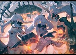  aircraft aircraft_carrier_hime anthro armor breasts cleavage dress fire jpeg_artifacts kantai_collection long_hair midway_hime northern_ocean_hime orange_eyes panties underwear usanekorin white_hair 