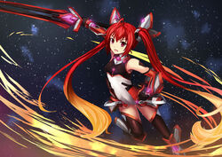  dance_of_eternity long_hair mitsuka_souji ore_twintail_ni_narimasu red_eyes red_hair rule_63 skintight sword tail_red thighhighs twintails weapon 