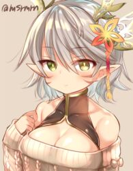  bad_id bad_pixiv_id bare_shoulders breasts brown_background cleavage contemporary dragon_girl dragon_horns facial_mark female green_eyes grey_hair hair_ornament heterochromia horns kaede_(p&amp;d) looking_at_viewer mashiro_miru medium_breasts pointy_ears puzzle_&amp;_dragons short_hair simple_background solo sweater twitter_username yellow_eyes 