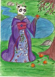  bear black_nose clothing coraline-176 dreamworks dress english_text fan_character female food fruit fruit_tree giant_panda grass hi_res jewelry kung_fu_panda lake mammal peach_(fruit) peach_tree plant robe solo text traditional_media_(artwork) tree 