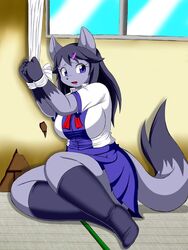  artist_request black_hair boots canine female furry long_hair open_mouth purple_eyes solo strapped 