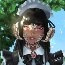  au_ra black_bow black_hair bow brooch dappled_sunlight dragon_girl dragon_horns face female final_fantasy final_fantasy_xiv hannah_santos heart highres hime_cut horns jewelry lips maid maid_headdress purple_eyes scales solo sunlight 