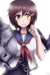  bad_id bad_pixiv_id blush brown_eyes brown_hair chains female furutaka_(kancolle) furutaka_kai_ni_(kancolle) hair_ornament hairclip heterochromia kantai_collection school_uniform serafuku short_hair smile solo yellow_eyes yukidai_meriku 