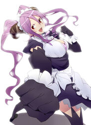  amami_amayu bra breasts demon_girl elbow_gloves female gloves horns large_breasts lingerie long_hair maid_headdress monster_collection photoshop_(medium) punching purple_hair red_eyes solo twintails underwear 