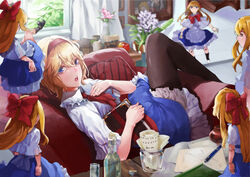  alice_margatroid apple banssee blonde_hair blue_eyes book bow doll dress flowers fruit headband kneehighs pantyhose paper puppet shanghai_doll short_hair tie touhou 