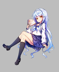  black_socks blue_hair blue_skirt brown_eyes commentary crossed_legs female folding_fan hair_ornament hairband hairclip hand_fan highres kneehighs long_hair original poseich school_uniform serafuku shirt shoes sitting skirt socks solo unleashed very_long_hair white_shirt 