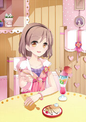  :d bad_id bad_pixiv_id book brooch brown_eyes brown_hair cake cake_slice chair cherry chocolate cream cup earrings eloosia feeding female flower food fruit hair_ornament hairband heart ice_cream incoming_food indoors jewelry looking_at_viewer open_mouth original parfait photo_(object) plant plate pocky pot pov_across_table pov_dating shadow short_hair smile solo spoon sprinkles strawberry table umbrella wafer yellow_eyes 