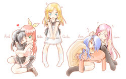  5girls anger_vein animal_ears arin black_legwear blonde_hair blue_eyes cat_ears cecilia_(pangya) character_name closed_eyes commentary_request dress green_eyes hana_(pangya) heart kooh long_hair lucia_(pangya) midriff multiple_girls pangya pink_eyes pink_hair simple_background skirt socks striped_clothes striped_socks table thighhighs twintails very_long_hair white_legwear yukiyo-neko yuri 