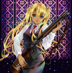  bad_id bad_pixiv_id blonde_hair blue_eyes bow dark-skinned_female dark_skin dress_shirt female formal gun gunslinger_girl hair_ribbon long_hair looking_at_viewer necktie open_mouth pant_suit pants photoshop_(medium) pump_action ribbon shirt shotgun solo sparkle stained_glass suit triela twintails vest weapon winchester_model_1897 yuzu_5101 