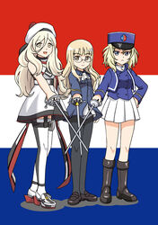  3girls :d absurdres artistic_error ascot bc_freedom_(emblem) beret black_pantyhose blonde_hair blue_eyes boots brown_eyes commentary_request country_connection crossover dress emblem flag_background france french_flag garter_straps girls_und_panzer girls_und_panzer_saishuushou glasses hat highres holding hoshino_banchou kantai_collection kepi light_brown_hair long_hair looking_at_viewer military_hat mole mole_under_eye multiple_crossover multiple_girls open_mouth oshida_(girls_und_panzer) pantyhose perrine_h._clostermann photoshop_(medium) pleated_skirt rapier revision richelieu_(kancolle) scarf skirt smile strapless strapless_dress strike_witches sword trait_connection weapon world_witches_series 