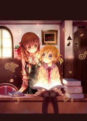  2girls ahoge bad_id bad_pixiv_id black_legwear blonde_hair blue_eyes blush book bookmark braid brown_eyes brown_hair chair chika_(orange_pop) desk hair_ornament hairclip holding holding_book indoors key lamp letterboxed long_hair looking_at_another multiple_girls necktie open_book original pantyhose ribbon shelf short_hair sitting smile sweater treasure_chest window 