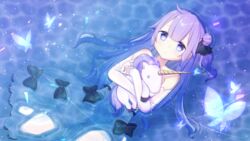  azur_lane bad_id bad_pixiv_id bare_shoulders black_bow black_ribbon blush bow bug butterfly closed_mouth commentary detached_sleeves dress female hair_bun hair_ribbon hugging_object kuma_no_yume long_hair long_sleeves looking_at_viewer lying on_back one_side_up partially_submerged purple_eyes purple_hair ribbon see-through single_hair_bun single_side_bun sleeves_past_wrists solo strapless strapless_dress stuffed_animal stuffed_toy stuffed_winged_unicorn thighhighs unicorn_(azur_lane) very_long_hair water white_dress white_thighhighs 