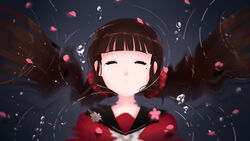  afloat air_bubble blunt_bangs brown_hair bubble closed_eyes closed_mouth commentary_request crying danganronpa_(series) danganronpa_v3:_killing_harmony facing_viewer female from_above hair_ornament hair_scrunchie harukawa_maki long_hair low_twintails mole mole_under_eye petals red_scrunchie red_shirt ripples school_uniform scrunchie serafuku shirt sidelocks solo streaming_tears tears twintails upper_body very_long_hair water yuikannon 