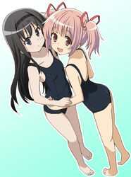  2girls :d akemi_homura alternate_costume backless_outfit bad_id bad_pixiv_id bare_back bare_legs bare_shoulders barefoot commentary_request from_above hairband holding_hands homing_(areya) kaname_madoka long_hair mahou_shoujo_madoka_magica mahou_shoujo_madoka_magica_(anime) multiple_girls one-piece_swimsuit open_mouth pink_eyes pink_hair purple_eyes school_swimsuit short_hair simple_background smile swimsuit twintails 