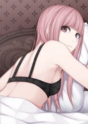  bad_id bad_pixiv_id bare_shoulders black_bra blunt_bangs bra brown_eyes female heisei_yutorin hugging_object long_hair lying on_stomach original pillow pillow_hug pink_hair solo underwear upper_body 