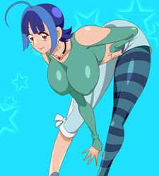  ahoge aqua_background asymmetrical_clothes bare_shoulders blue_hair breasts commentary_request crop_top earrings female ginnyo highres huge_breasts jewelry mashiro_mizuki midriff multicolored_hair pantyhose purple_lips short_hair simple_background solo starry_background striped_clothes striped_thighhighs thighhighs tribe_cool_crew 