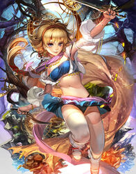  armpits belt_bra blonde_hair blue_bra blue_eyes blue_nails blue_panties blue_skirt boots bra cat_(saga) coin commentary_request detached_sleeves dual_wielding earrings emperors_saga female fingernails gold hairband hand_up holding holding_sword holding_weapon jewelry jumping liduke long_hair looking_at_viewer midriff nail_polish navel official_art panties photoshop_(medium) reverse_grip rock romancing_saga_2 saga skirt smile solo strapless sword thighhighs underwear weapon white_footwear white_thighhighs 