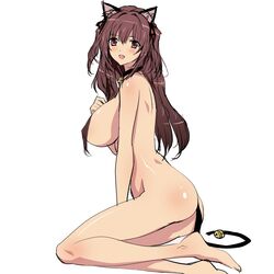  animal_ears ass barefoot bell blush breasts brown_hair cat_ears cat_tail chinese_commentary collar commentary_request female jingle_bell large_breasts long_hair making-of_available neck_bell nude oerba_yun_fang open_mouth original q_azieru sideboob simple_background solo tail white_background 