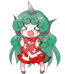  &gt;_&lt; :d bare_arms blush buttons buuwa chibi closed_eyes cloud_print collared_shirt commentary_request curly_hair eyebrows female geta green_hair horns kariyushi_shirt komano_aunn legs_apart long_hair no_nose open_mouth pigeon-toed red_shirt shirt short_sleeves shorts simple_background single_horn smile solo standing tail touhou v-shaped_eyebrows very_long_hair white_background white_shorts xd 