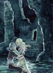  1boy blonde_hair celes_chere da-vesita dark eye_contact female final_fantasy final_fantasy_vi gloves grey_hair lock_cole long_hair looking_at_another navel night ruins sitting standing water 