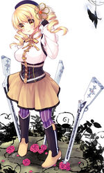  adjusting_hair beret blonde_hair boots breasts bug butterfly commentary_request corset drill_hair female fingerless_gloves flower gloves gun hair_ornament hat large_breasts magical_girl magical_musket mahou_shoujo_madoka_magica mahou_shoujo_madoka_magica_(anime) photoshop_(medium) pleated_skirt prinz_luzifer rose skirt smile solo standing striped_clothes striped_thighhighs thighhighs tomoe_mami tomoe_mami_(magical_girl) vertical-striped_clothes vertical-striped_thighhighs weapon yellow_eyes 