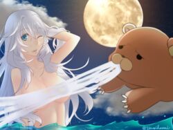  artemis_(fate/grand_order) bear blue_eyes breasts fate/grand_order fate_(series) female grey_hair lips long_hair moon navel nude one_eye_closed open_mouth orion_(fate/grand_order) water 