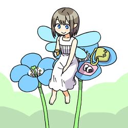  :&gt; barefoot blue_eyes blue_flower collarbone commentary_request cup dress fairy fairy_wings female flower food from_above from_below green_background green_bag hand_on_own_thigh holding holding_cup light_brown_hair maruput mini_person minigirl onigiri original pointy_ears short_hair sitting sleeveless sleeveless_dress smile solo two-tone_background white_background white_dress wings 