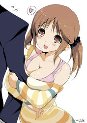  1boy :d arm_hug artist_name bad_id bad_twitter_id blush bra_strap breast_press breasts brown_eyes brown_hair cleavage dated female flying_sweatdrops heart idolmaster idolmaster_cinderella_girls inactive_account jpeg_artifacts kiya_shii large_breasts open_mouth producer_(idolmaster) producer_(idolmaster_anime) scrunchie shirt smile solo_focus spoken_heart striped_clothes striped_shirt tank_top totoki_airi twintails 