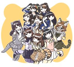  6+girls :3 :d ;d aiba_aina animal_ears bag belt black-framed_eyewear black_eyes blue_skirt blunt_bangs blush bow bowtie brown_bow brown_bowtie brown_hair chikuta_ikuko closed_mouth commentary common_raccoon_(kemono_friends) common_raccoon_(kemono_friends)_(cosplay) cosplay elbow_gloves emperor_penguin_(kemono_friends) emperor_penguin_(kemono_friends)_(cosplay) fennec_(kemono_friends) fennec_(kemono_friends)_(cosplay) fingerless_gloves fur_collar fur_trim gentoo_penguin_(kemono_friends) gentoo_penguin_(kemono_friends)_(cosplay) glasses gloves grin handbag hands_up hood hoodie humboldt_penguin_(kemono_friends) humboldt_penguin_(kemono_friends)_(cosplay) japari_symbol kemono_friends kondou_reina kotobuki_(tiny_life) long_hair looking_at_viewer margay_(kemono_friends) margay_(kemono_friends)_(cosplay) mittens motomiya_kana multicolored_hair multiple_girls nemoto_ruka one_eye_closed ono_saki open_mouth orange_bow orange_bowtie otter_ears otter_tail ozaki_yuka paw_pose pleated_skirt ponytail print_bow print_bowtie real_life rockhopper_penguin_(kemono_friends) rockhopper_penguin_(kemono_friends)_(cosplay) royal_penguin_(kemono_friends) royal_penguin_(kemono_friends)_(cosplay) salute sasaki_mikoi semi-rimless_eyewear serval_(kemono_friends) serval_(kemono_friends)_(cosplay) serval_print short_hair skirt small-clawed_otter_(kemono_friends) small-clawed_otter_(kemono_friends)_(cosplay) smile standing streaked_hair tail tamura_kyouka twintails under-rim_eyewear voice_actor voice_actor_connection white_skirt yamashita_mami yellow_bow yellow_bowtie 