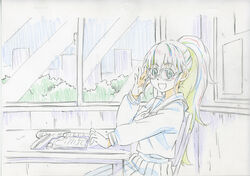  commentary_request female glasses open_mouth photoshop_(medium) ponytail school_uniform serafuku sey solo taneshima_popura working!! 