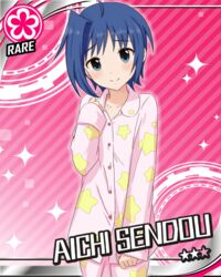  1boy ahoge bad_id bad_pixiv_id blue_eyes blue_hair blush card_(medium) card_parody cardfight!!_vanguard character_name cinderella_girls_card_parody ei_(sada4628) idolmaster idolmaster_cinderella_girls male_focus pajamas sendou_aichi smile solo 