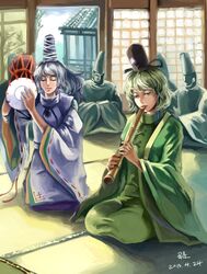  2girls 4boys blush closed_eyes commentary_request dress drum english_commentary flute green_dress green_eyes green_hair grey_hair hat highres instrument japanese_clothes kariginu lips lleu long_hair mixed-language_commentary mononobe_no_futo multiple_boys multiple_girls music playing_instrument ponytail ribbon shakuhachi short_hair sitting smile soga_no_tojiko tate_eboshi touhou 