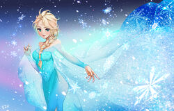  artist_name bare_shoulders blonde_hair blue_eyes braid commentary_request elsa_(frozen) ezu_(leejiyu) female frozen_(disney) hair_over_shoulder highres long_hair looking_at_viewer photoshop_(medium) single_braid smile snowflakes solo 