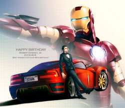  1boy animification armor bad_id bad_pixiv_id car english_text happy_birthday iron_man marvel marvel_cinematic_universe mecha motor_vehicle power_armor realistic robert_downey_jr. robot rokuro_(ryvius) science_fiction tony_stark tuxedo 