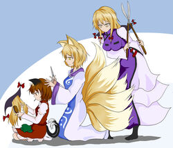  3girls animal_ears blonde_hair brown_hair brush brushing_another&#039;s_hair brushing_hair cat_ears cat_tail chen commentary_request dress fox_ears fox_tail gap_(touhou) gardening_shears hair_brush hat hedge_clippers hedge_trimmer holding holding_brush holding_own_hair kneeling long_hair mouth_hold multiple_girls multiple_tails nekomata no_headwear pantyhose red_dress red_eyes ribbon ribbon_in_mouth scissors shears shiromamekei short_hair standing tail touhou unworn_hat unworn_headwear white_dress yakumo_ran yakumo_yukari yellow_eyes 