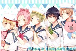  5boys :o ;) animal bead_bracelet beads belt binan_koukou_chikyuu_bouei-bu_love! black_hair blonde_hair blue_eyes blush bow bracelet brown_eyes commentary_request english_text grey_eyes hair_tie hairbow hakone_yumoto hands_on_shoulders hat highres holding holding_animal jewelry kinugawa_atsushi light_brown_hair looking_at_viewer multiple_boys naruko_io one_eye_closed pink_bow pink_hair red_eyes red_ribbon ribbon ritoronpa sailor_collar sailor_hat smile standing sweatdrop uniform unworn_hat unworn_headwear wombat_(bouei-bu) yufuin_en zanshomimai zaou_ryuu 